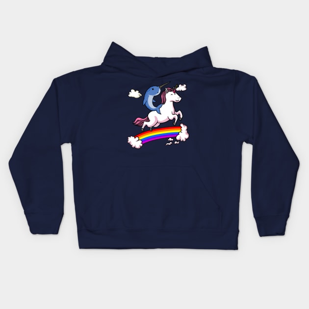 Narwhal Riding Unicorn Kids Hoodie by underheaven